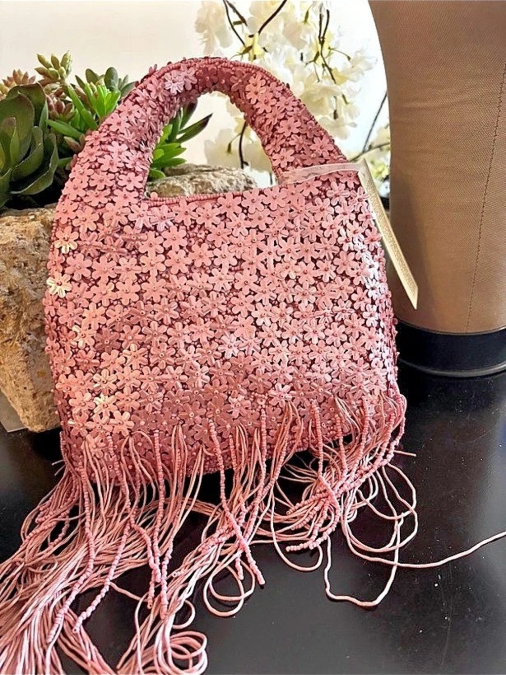 Pink Floral Fringe Handbag